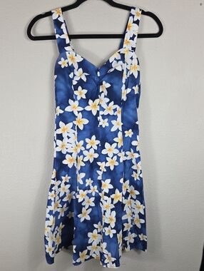 Tropical Escape Hawaii Vintage Blue Floral Cotton Hawaiian Dress Aloha M